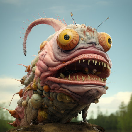a cartoonish monster with an open mouth, created in a meticulous photorealistic style, resembling a combination of insects, decaying landscapes, and elements from national geographic photos. this unique creation showcases the artist's skill in blending different elements to achieve a futuristic organic and multilayered realism. captured using a canon eos 5d mark iv. ai generatedの素材