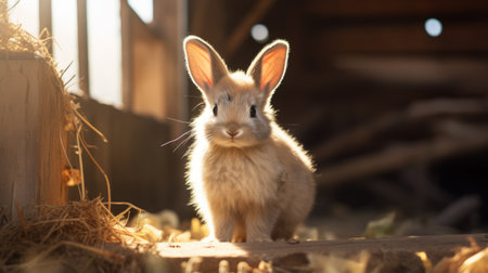 a cute bunny rabbit stands inside a barn, basking in the warm sunrays that create a mesmerizing play of light and shadows. the photo showcases a blend of light orange and light beige tones, creating a visually captivating narrative-driven visual storytelling. with the use of photo-realistic techniques and mesmerizing optical illusions, this image is a true masterpiece. ai generatedの素材