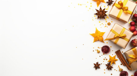 a christmas gift wrapping box, adorned with a christmas star, sits alongside a beautifully decorated christmas tree and pines. this royalty-free photo showcases a white background with a gold and amber color scheme. the confetti-like dots add a festive touch, reminiscent of chinese new year festivities. the minimalist background features a scattered composition of orange and maroon tones, creating a warm and inviting atmosphere. aiの素材