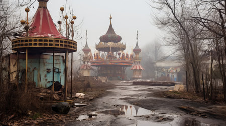 abandoned road with carnival turned graveyard, resembling eastern orthodox icons. floating structures create a misty atmosphere in this national geographic photo. captured with zeiss batis 18mm f2.8 lens, the uhd image showcases the eerie beauty of this soviet realism-inspired scene. ai generatedの素材