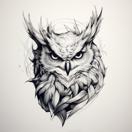 an owl head sketch with a leaf head, combining realism and fantasy elements. the sketch features sharp lines, contrasting dark and light tones, twisted characters, and intense movement expression. delicate shading adds depth to the drawing, while dark proportions create a captivating visual effect. ai generatedの素材
