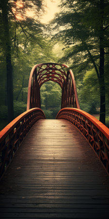 a bridge nestled in the woods, adorned with vibrant red railings, and surrounded by lush trees. this enchanting scene captures the essence of retro filters, realistic color schemes, and german romanticism. the soft edges and atmospheric effects add a touch of nostalgia, while the classical symmetry enhances its timeless beauty. the contrasting hues of dark orange and light green create a captivating visual experience. experienceの素材