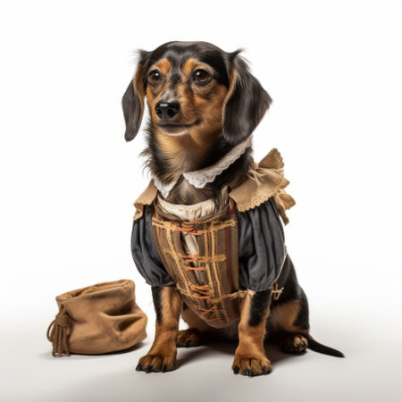 a cute dachshund dog wearing a renaissance-inspired costume, captured in a high-quality photo reminiscent of national geographic. the image showcases elements of the american barbizon school, industrial and product design, as well as victorian-era clothing, beautifully sculpted on the dog. ai generatedの素材
