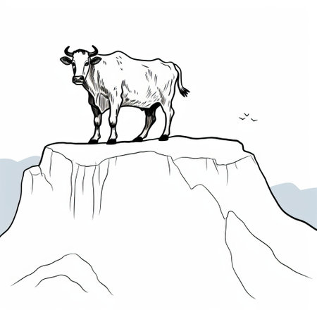 a bull stands proudly on the top of a mountain, depicted in a black and white drawing style. the simple yet colorful illustration showcases a frontal perspective, with the bull's voluminous mass taking center stage. the light beige and navy tones contrast beautifully against the white background, creating a visually striking image. this artwork subtly conveys a message of environmental activism. ai generatedの素材
