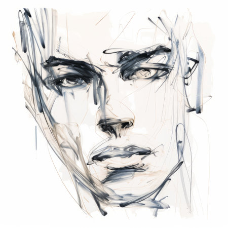 a modern ink painting style illustration of a man's face, featuring expressive line-work and a combination of indigo and beige colors. this fashion-inspired artwork showcases transparency and lightness, while also incorporating elements of beautiful women and epic portraiture. ai generatedの素材
