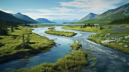 a photo showcasing a river flowing through a picturesque lake in a rugged northern tundra. the image is inspired by the artistic styles of native american, first nations, and alaska native cultures. captured using terragen software, this national geographic photo captures the beauty of mountainous vistas and serene pastoral scenes. the color palette features light green and sky-blue hues, reminiscent of the iconic windows xpの素材