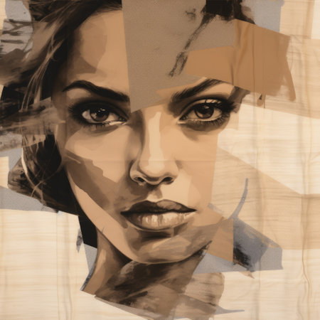 a portrait of a girl in the deconstructed pop style, with a mix of light brown and dark beige tones. the artwork showcases the artist's precisionist technique, featuring multi-layered figures and celebrity portraits. the use of split toning adds depth and dimension to the composition, while the cardboard material adds a unique texture to the overall piece. ai generatedの素材