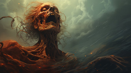 a photo of a captivating zombie art piece, inspired by transfixing marine scenes. the flowing textures and fantasy illustration style create a mesmerizing effect. the use of redshift adds an emotional touch, prioritizing feelings over realism. the dark orange and sky-blue hues enhance the overall atmosphere, while the realistic hyper-detail brings the artwork to life. ai generatedの素材