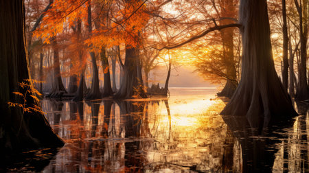 a serene lake in a swamp, surrounded by vibrant chestnut trees in full autumn splendor. the calm water reflects the vibrant colors of the trees, creating a tranquil scene that captures the beauty of nature during the fall season. shot during golden hour, the soft, warm light adds to the overall serenity of the image. ai generatedの素材