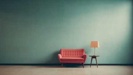 a vintage red chair sits alone in a spacious room, illuminated by two lamps. the room's ambiance is reminiscent of midcentury modern design, with a blend of light teal and amber hues. the post-internet aesthetics are evident in the contrasting backgrounds and subdued color palette, featuring dark teal and light pink tones. ai generatedの素材