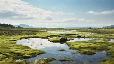 a serene pastoral scene captured by scarlett hooft graafland, featuring a body of water in the style of expansive landscapes. the image showcases light green and green hues, creating a tranquil atmosphere. this uhd image was taken using the tokina at-x 11-16mm f/2.8 pro dx ii lens, beautifully portraying the natural beauty of the surroundings. even mehl amundsen's artistic vision is evident in this captivatingの素材