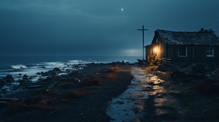 stormy sea and blue sky create a post-apocalyptic backdrop in this night photograph. the image features a religious building in rural america, captured with the tokina at-x 11-16mm f/2.8 pro dx ii lens. the soft and dreamy scenes are enhanced by a luminescent color scheme. ai generatedの素材
