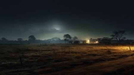 a super total shot of a large winter field in rural ghana near a small village. the scenic image captures multiple perspectives and showcases emergency lighting. the photo is in 1600x1200 resolution. ai generatedの素材