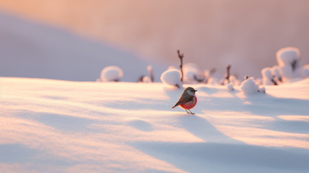 the bird perches gracefully on the pristine snow, showcasing a stunning blend of light red and pink hues. captured in exquisite detail with an 8k resolution using a nikon d850 camera, this backlit photograph exudes a soft and romantic ambiance. the bird's natural camouflage, inspired by nature, adds an intriguing element to the captivating landscape. ai generatedの素材