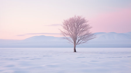 a lone tree stands amidst a snowy landscape, surrounded by majestic mountains. the photo captures the essence of classic japanese simplicity, with a color palette of light pink and light indigo. taken with the tokina opera 50mm f14 ff lens, the image showcases a soft and romantic scene. the layered imagery adds a touch of subtle irony to this 8k resolution photograph. ai generatedの素材