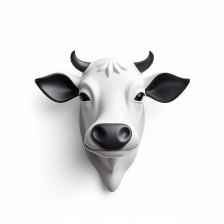 a cow head wall mounted on a white background, rendered in the style of octane render. this unique artwork combines environmental awareness, visual puns, and creative commons attribution. the high-resolution uhd image showcases the cow head in a realistic yet stylized manner, with a color palette of white and silver. ai generatedの素材