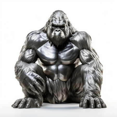 a gorilla, with legs crossed, sits on a white background. the gorilla is made of liquid metal, giving it a unique and highly detailed appearance. the lighting and shadow create an intense atmosphere, emphasizing the gigantic scale of the figure. the gorilla's surface is creased, showcasing the raw versus finished aesthetic. ai generatedの素材