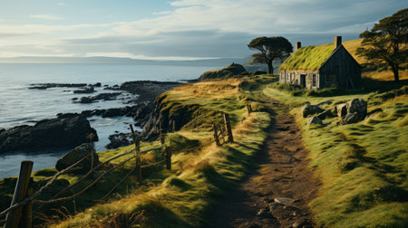 greenish turf covers the roofs of numerous buildings, resembling romanticized seascapes and celtic art. the atmospheric and moody lighting, captured with the tokina at-x 11-16mm f/2.8 pro dx ii lens, adds charm to these idyllic rural scenes. the golden light enhances the beauty of these coastal landscapes. ai generatedの素材