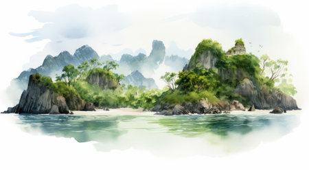 seascape with cliffs and green trees, a beautiful and mysterious jungle captured in a realistic rendering by kuang hong. this colorful ink wash painting, in a painterly style, showcases the stunning landscape. the image has a resolution of 3840x2160. ai generatedの素材