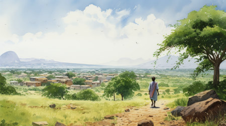 a detailed character design painting showcasing a traditional african mountain scene with a village. this artwork, created in the style of zeiss milvus 25mm f14 ze lens, features prerendered graphics and high resolution. the painting beautifully captures everyday life in the village, drawing inspiration from onii kei and traditional african art. ai generatedの素材