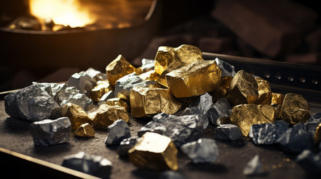 a stack of gold, silver, and pewter ores is arranged in front of a roaring fire. the composition features a dark gray and gold color scheme, with an expansive and golden light illuminating the scene. the photograph, captured by ray donley, showcases a bold and angular style, highlighting the use of precious materials. ai generatedの素材