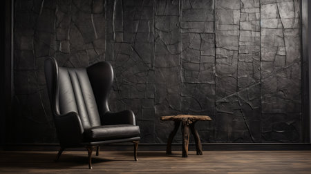 a dark colored chair and wooden table are placed in front of a dramatic brick wall. the photo showcases detailed monochrome elements, organic stone carvings, and leatherhide textures. this high-quality image captures the essence of a stylish and sophisticated interior design. the combination of glazed surfaces and a wallpaper backdrop adds depth and visual interest to the composition. ai generatedの素材