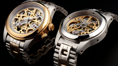 two black and white watches featuring silver skeleton dials, reminiscent of golden light. the intricate details of the mamiya rb67 style add a delicate touch to the grandiose architecture. made of aluminum, the watches showcase the art of kintsukuroi, blending light silver and gold tones seamlessly. ai generatedの素材