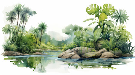 a stunning uhd image of a rainforest background, captured in the style of watercolor illustrations by the talented artist miwa komatsu. this detailed environment showcases the calm waters and lush greenery of the rainforest, making it a perfect example of environmental portraiture. photographed by joo artur da silva. ai generatedの素材