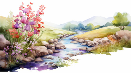a vibrant watercolor background showcases a picturesque scene of nature, featuring a river and waterfall. the light sky-blue and light crimson hues add a touch of charm to the composition. this traditional and eye-catching artwork tells a colorful story with its whistlerian style and pastoral elements. ai generatedの素材
