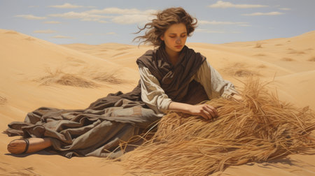 a woman sits on the grass in this painting by artist jian hu evelyn wynes. the artwork is done in the style of desertwave, inspired by artists such as jessica drossin and frederick lord leighton. the composition evokes a sense of tangled nests and biblical drama, reminiscent of historical illustrations. the woman appears slumped and draped, adding to the overall mood of the piece. aiの素材