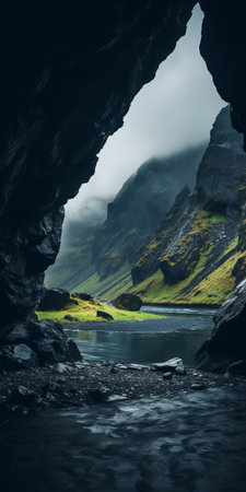 a cave with majestic mountains in the background, captured by johannes voss, the winner of the unsplash contest. this visually stunning photograph showcases the beauty of nature, with a touch of nostalgia. the front-facing perspective and sparsely populated surroundings add to the allure. perfect for a high-quality 4k vertical wallpaper on your phone. ai generatedの素材