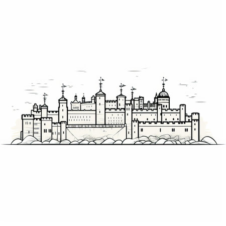 the tower of london, depicted in a minimalist line art style, showcases the iconic silhouette of the castle with clean, precise lines against a blank background. this ink drawing on smooth paper captures the essence of the tower's form and structure, emphasizing the interplay of its towers and spires. ai generatedの素材
