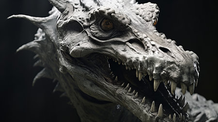 a close-up photo of a hyper-detailed, photo-realistic plastic dragon statue. rendered in the style of cinema4d, the statue showcases dark white tones and realistic textures. the intricate details and expert use of photo-realistic techniques, reminiscent of roger deakins' work, make this statue appear incredibly lifelike. captured with a sony alpha a1 camera. ai generatedの素材