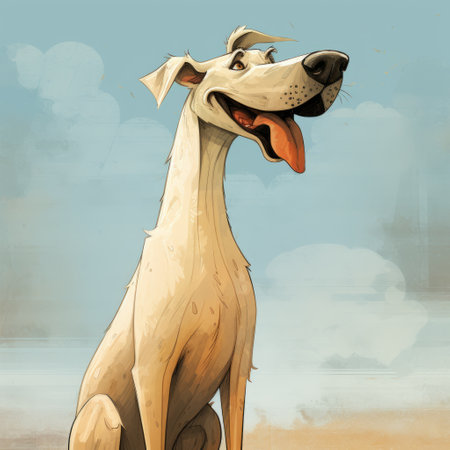 a side view shot of a big dane sitting and looking to his right with a happy expression. this chicken shot captures the magic realism and vintage book illustration style of oliver jeffers. the detailed and official digital illustration is reminiscent of a storybook, with its 8k full hd resolution. ai generatedの素材