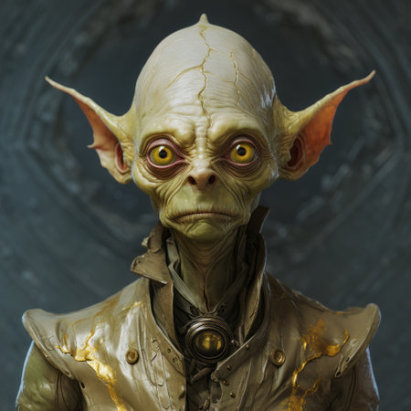 a character in goblincore style stands against a background, wearing a detailed outfit. the portrait showcases a blend of light white and gold tones, with influences from goblin academia and science fiction. the sculptural expression and heavily textured elements add depth to the image. ai generatedの素材