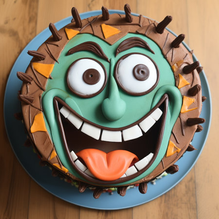 a square-shaped blue-green cake with lively facial expressions and bold character designs, inspired by grotesque caricatures. the cake is captured in a photo using a rodenstock imagon 300mm f5.8 lens, showcasing its orange and green color scheme. the spiky mounds and gritty grain add an extra touch of uniqueness to this eye-catching party dessert. ai generatedの素材