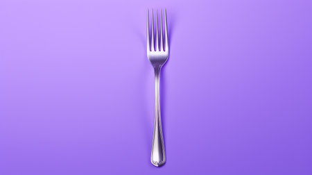 a silver fork is showcased against a vibrant purple background in this realistic portrayal. the image captures the essence of frenchy and zuckerpunk styles, with influences from zbrush. the minimalistic composition adds a touch of elegance to this commissioned artwork by marcin sobas. ai generatedの素材
