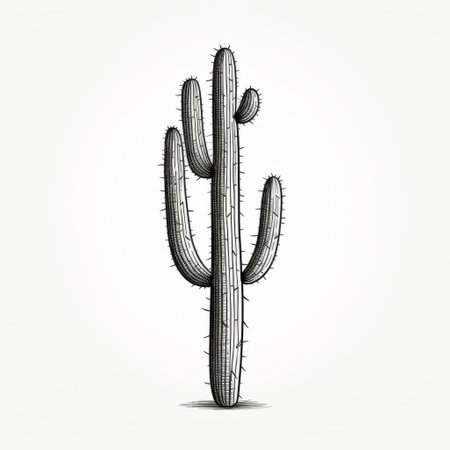 a cactus on a white background, depicted in a vector ink and paper drawing. this isolated vector art showcases a detailed engraving style, reminiscent of the works of scott adams. the artwork features light black and gray tones, with elongated figures and a minimalist sculptor aesthetic. the cactus is highly detailed, capturing intricate features. ai generatedの素材