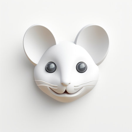 a 3d animation featuring a mouse face is showcased on a white background. the animation is created in the style of wall sculpture and installation, reminiscent of children's book illustrations. the face has a mischievous feline motif, with a glossy finish and a color palette of dark white and light gray. the animation incorporates elements of sfumato and showcases radical inventions. ai generatedの素材