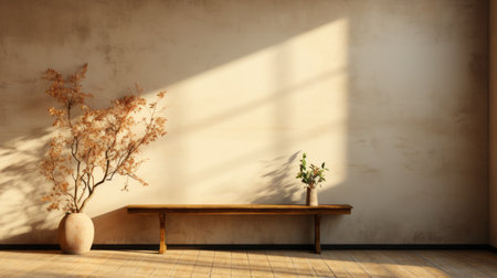 the photo showcases a room with painted walls, wooden benches, and trees adorned with overgrown greenery. the style of the room exudes a golden light, embodying a minimalist still life with classic japanese simplicity. the realistic portrayal of light and shadow adds depth to the light beige and light amber tones. the ceramic elements further enhance the minimalist aesthetic. ai generatedの素材