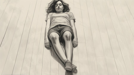 a girl lies on the floor with her feet up in a monochromatic realism style. the digital illustration showcases realistic hyper-detailed rendering and emotionally-charged brushstrokes. inspired by the works of jeff lemire, the artwork features a cyclorama backdrop made of wood. ai generatedの素材