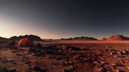 carter, l. stephen camping on a planet under the alnitak, with a distant namib wave, moon crater, and unornamented landscape. no results found style photograph captures the scene in reflection map and distinctive, showcasing the f/1.4 aperture. ai generatedの素材