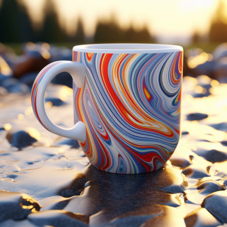 a mug featuring vibrant swirls in a visually stunning vray tracing style. the design is inspired by naturalistic landscape backgrounds, incorporating playful perspectives. crafted from raw materials like marble, this mug showcases a unique blend of colorful absurdism and realism with surrealistic elements. ai generatedの素材