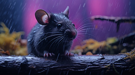 a black mouse in the rain, captured in the style of ultraviolet photography, stands on a log. this realistic urban scene, enhanced with rtx technology, showcases the hyper-detail and colorful storytelling of mike campau's powerful and emotive portraiture. ai generatedの素材