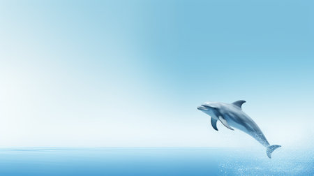 a dolphin gracefully leaps through the air against a serene ocean blue backdrop. this minimalist-style photograph captures the dolphin's realistic rendering with incredible detail and depth of field. the 8k resolution showcases the clean lines and intricate background, reminiscent of patricia piccinini's art. ai generatedの素材