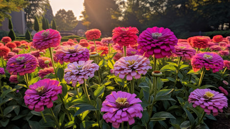 pink flowers bloom in a garden at sunset, showcasing a bold chromaticity. the vibrant primary colors of light bronze and violet create a striking contrast. reminiscent of the eastern zhou dynasty, the radiant clusters of flowers are illuminated by sunrays, enhancing the bold color scheme. ai generatedの素材