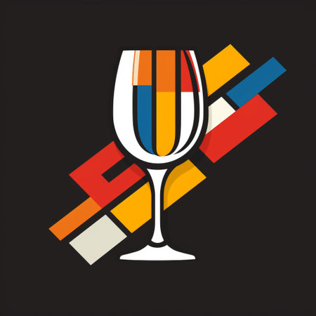 an empty wine glass, influenced by the de stijl style, is depicted in this illustration. the glass is surrounded by a vibrant and colorful pattern, with collage elements adding depth to the composition. set against a black background, rectangular fields enhance the visual impact. this bibliopunk-inspired illustration incorporates vintage imagery for a unique and captivating design. ai generatedの素材