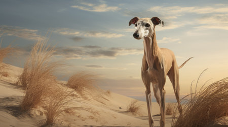 a white dog stands in the hot desert, captured in a soft-focus portrait style reminiscent of daz3d. the light navy and beige tones create a striking contrast against the dog's fur. this 32k uhd image showcases the dog's presence in the traditional british landscape, exuding timeless elegance. the richly colored skies add depth and beauty to the scene. ai generatedの素材