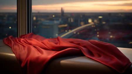 a red blanket hangs gracefully near a window, adding a vibrant touch to the grandiose cityscape view. this stunning photograph, captured in 8k resolution, showcases the intricate details of flowing draperies. the softbox lighting enhances the warm tones of light bronze and orange, creating a captivating ambiance. ai generatedの素材