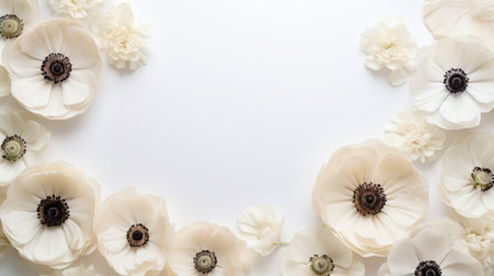 white flowers on a white background, captured from a top view perspective. this unique framing and composition style creates a minimalist stage design with whimsical elements. the uhd image showcases the delicate beauty of the flowers, while the dark bronze and light beige tones add a touch of elegance. mandy disher's artistic touch is evident in this captivating photograph. ai generatedの素材